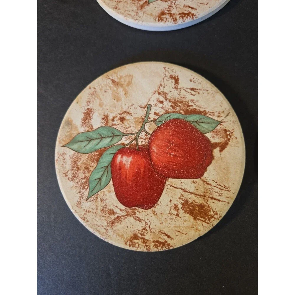 Vintage Circular Ceramic Tile and Cork Coaster Set Fruit Illustrations 4pc